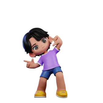 a cartoon character in a purple shirt and blue shorts