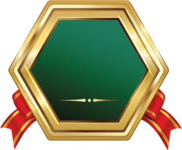 a green and gold hexagon with a red ribbon