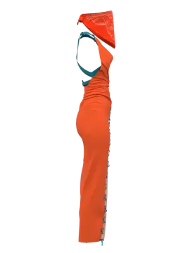a woman in an orange dress and hat
