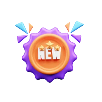 a purple and orange button with the word new on it