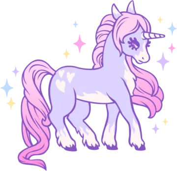 a unicorn with pink hair standing in front of stars