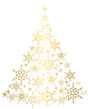 a gold christmas tree with snowflakes and stars