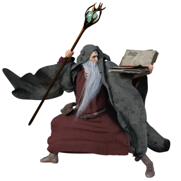 a statue of an old man holding a wand