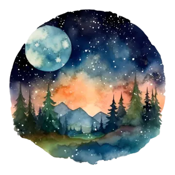 a watercolor painting of trees and the moon