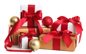 a pile of presents with red bows and gold ornaments