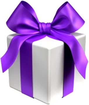 a white gift box with purple ribbon and bow
