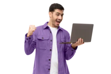 a man in a purple jacket holding a laptop