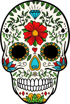 a sugar skull with colorful flowers and leaves