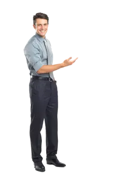 a man in a blue shirt and black pants