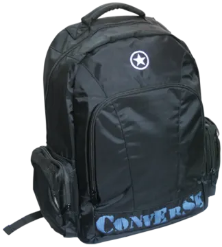 a black backpack with the word overlay on it
