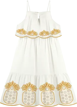 a white dress with gold embroidery on the shoulders