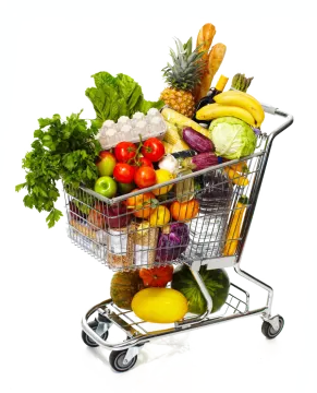 a shopping cart full of fruits and vegetables