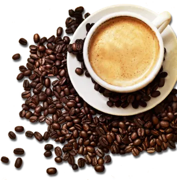 a cup of coffee surrounded by coffee beans
