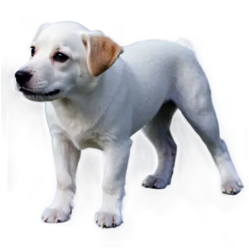 a small white dog standing on a white surface
