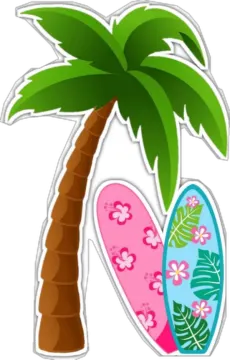 a palm tree and surfboards on a white background