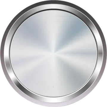 a round metal button with a white background
