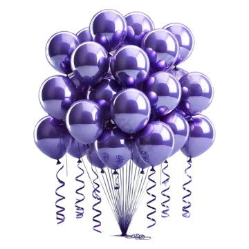 a bunch of purple and silver balloons