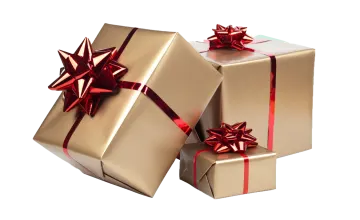two gold gift boxes with red bows