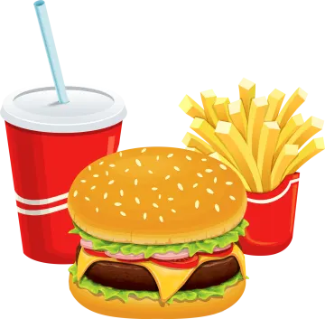 a hamburger and fries with a drink
