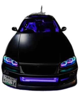 a black car with purple lights on it