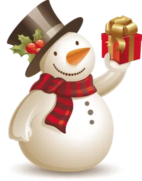 a snowman holding a christmas present