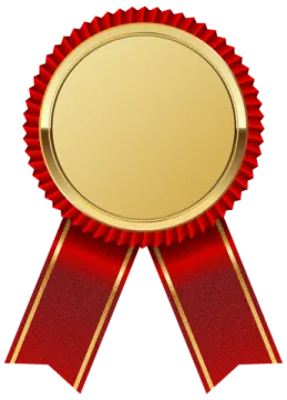 a gold medal with red ribbon