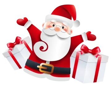 a santa claus holding two presents