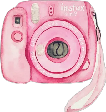 a watercolor drawing of a pink camera