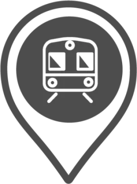a map pointer with a train icon on it