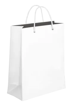 a white paper shopping bag with black handles