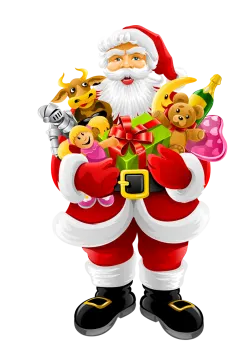 a santa claus holding a bunch of toys