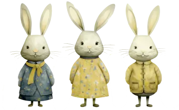 a group of three rabbits dressed in clothes