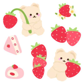 a bunch of teddy bears with strawberries and strawberrys