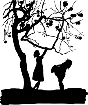 a silhouette of two children picking apples from a tree