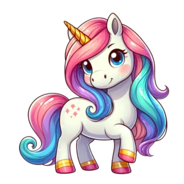 a cute unicorn with pink hair and blue eyes