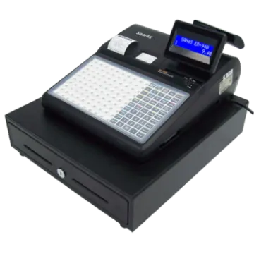 a black cash registerer with a blue screen