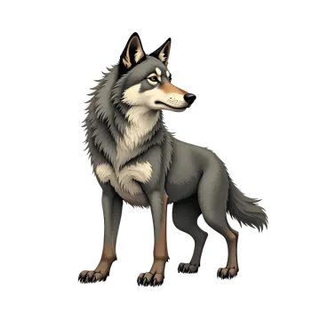 a black and white wolf standing on a white background