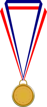 a gold medal with red, white and blue ribbons
