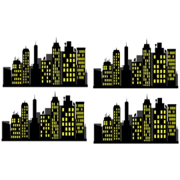 a set of four silhouettes of city buildings