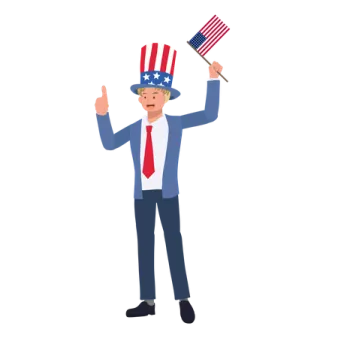 a man in a suit and hat holding an american flag