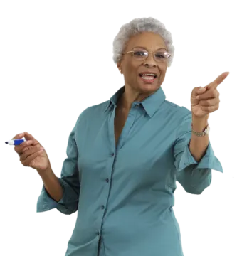 an older woman pointing at something on her finger