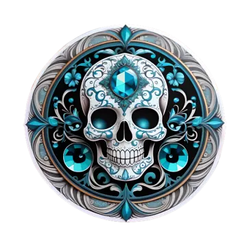 a blue and white sugar skull on a black background