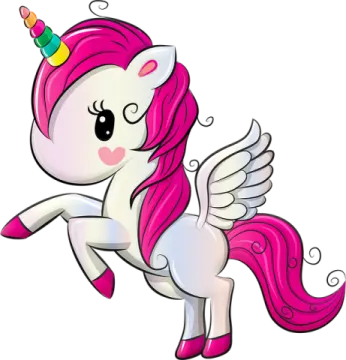 a cartoon unicorn with pink hair and a rainbow mane
