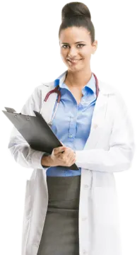 a woman in a white lab coat holding a clipboard