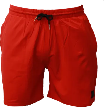 a red shorts with black logo on the side