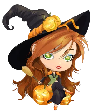 a cute little girl dressed as a witch with pumpkins