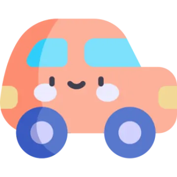 an orange car with blue and yellow wheels