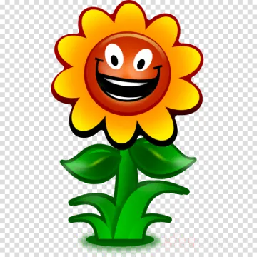 a cartoon sunflower with a happy face and green leaves