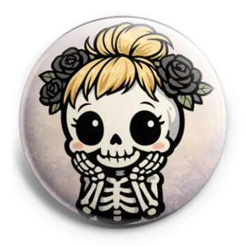 a button with a skeleton and roses on it