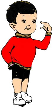 a little boy in a red shirt and black shorts
